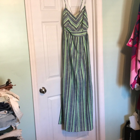 Green striped Maxi Dress with Cross Back Detail - Picture 1 of 7